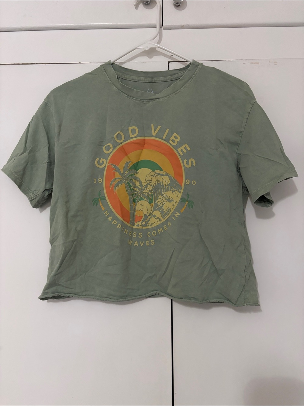 Good Vibes Olive Green Graphic Crop Tee